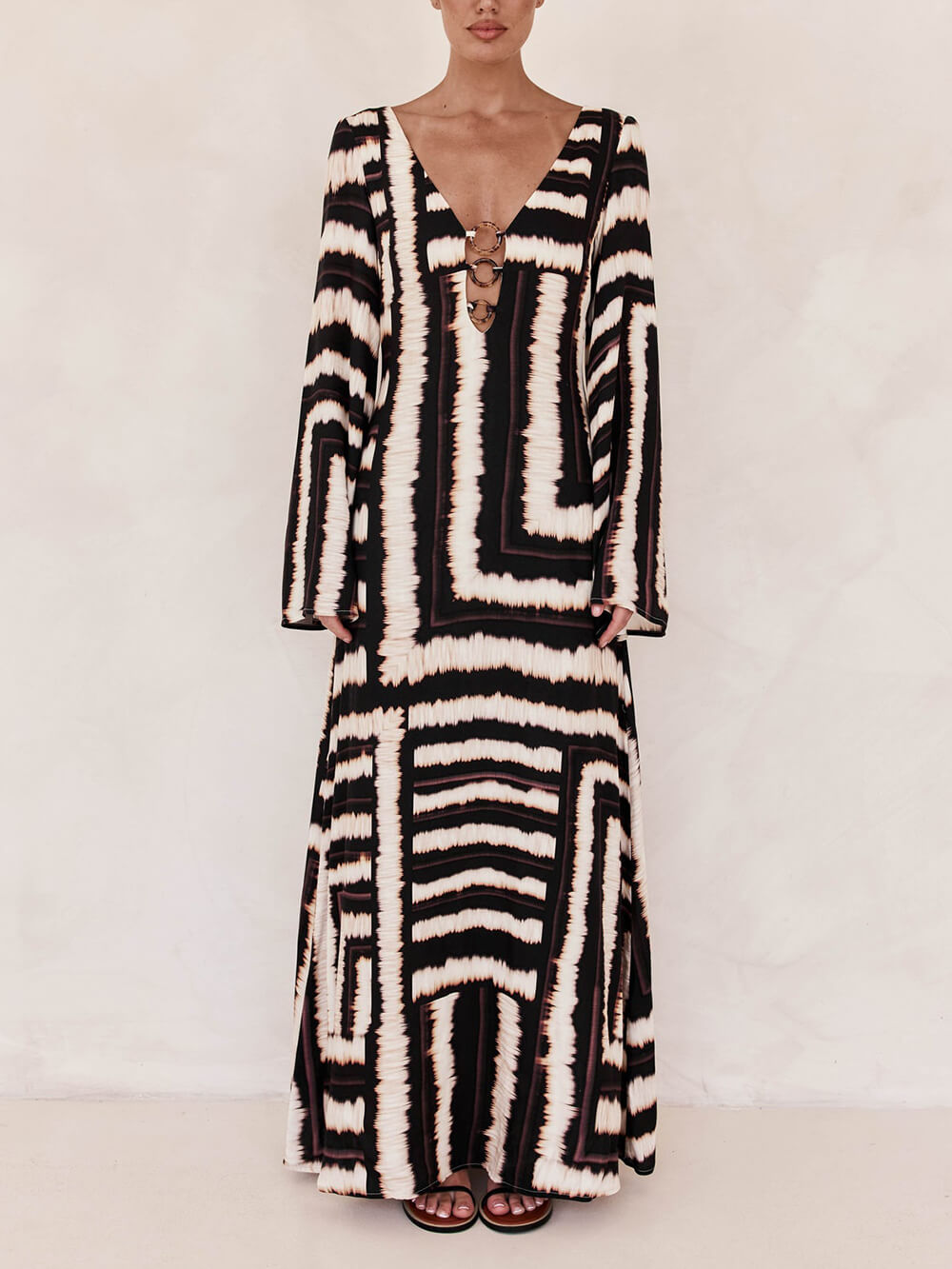 Flattering V-Neckline Unique Printed V Tie Ring Maxi Dress Olympus London