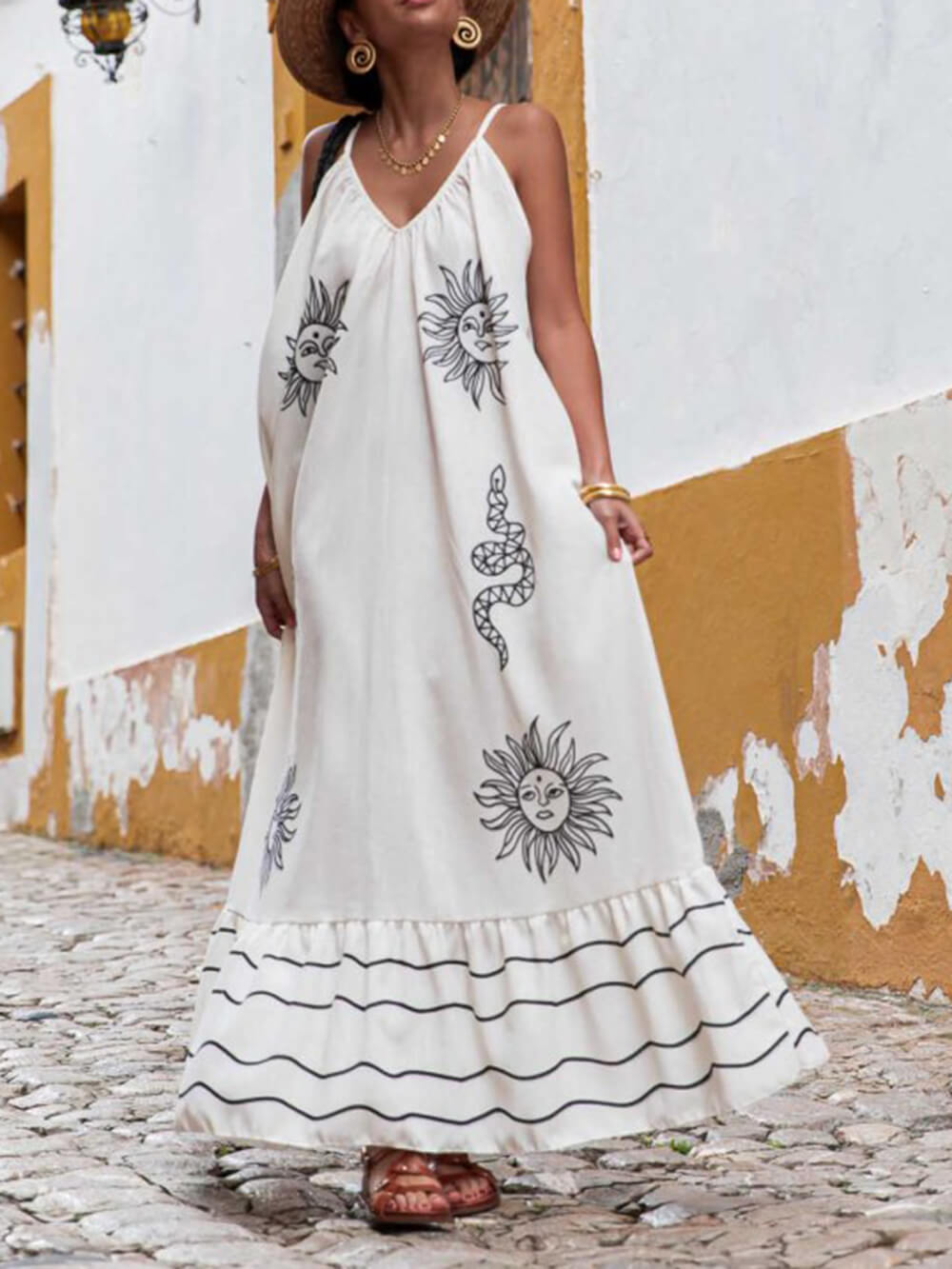 Unique Ethnic Under The Sun Printed V-Neck Dress Olympus London