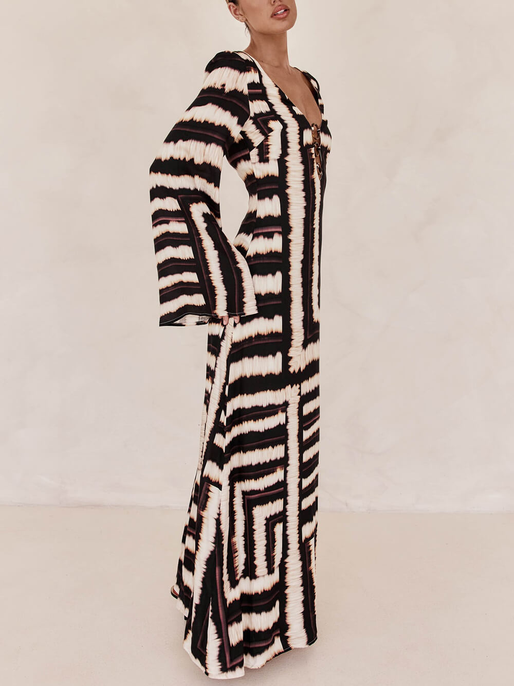 Flattering V-Neckline Unique Printed V Tie Ring Maxi Dress Olympus London