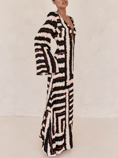 Flattering V-Neckline Unique Printed V Tie Ring Maxi Dress Olympus London