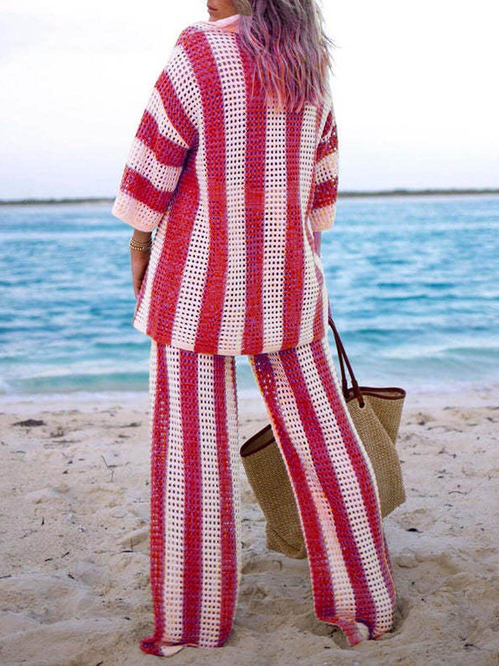 Loose V-Neck Fashion Hollow Out Striped Shirt Wide Leg Pants Set Olympus London