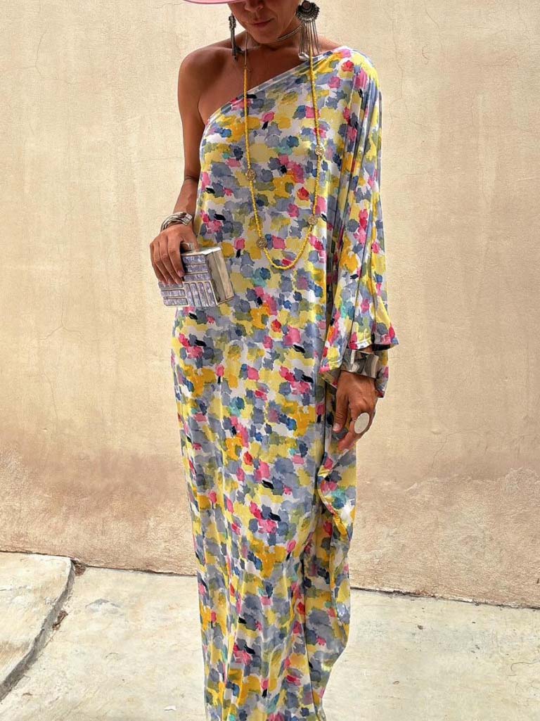 Casual Holiday Ink-dye Print Off-shoulder Maxi Dress Olympus London