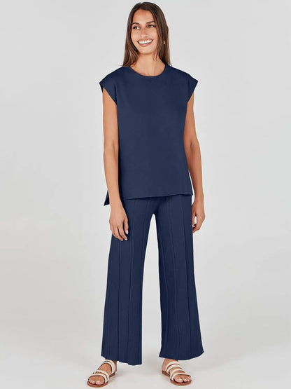 Alvira Women's Two-Piece Set – Relaxed Top & Wide-Leg Trousers