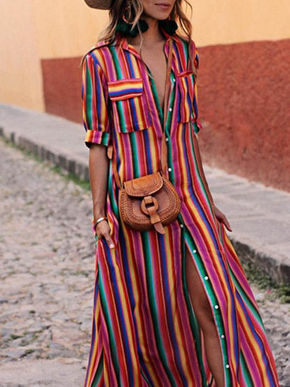 Casual Striped Printed Shirt Maxi Skirt Olympus London