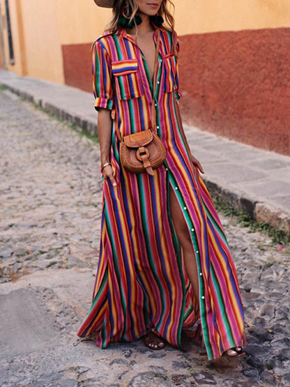 Casual Striped Printed Shirt Maxi Skirt Olympus London