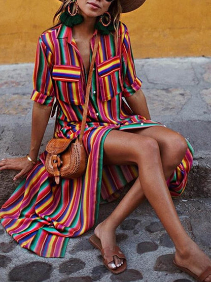 Casual Striped Printed Shirt Maxi Skirt Olympus London