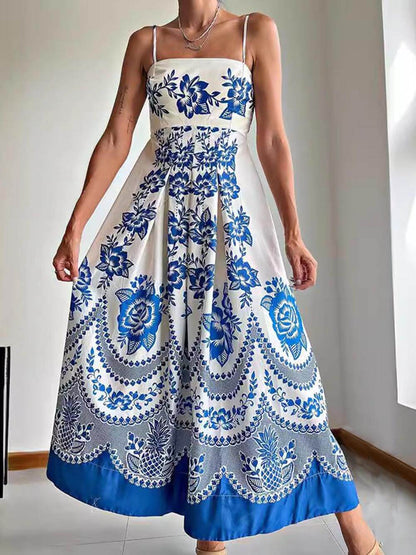 Ethnic Floral Print Back Smocked Loose Midi Dress Olympus London