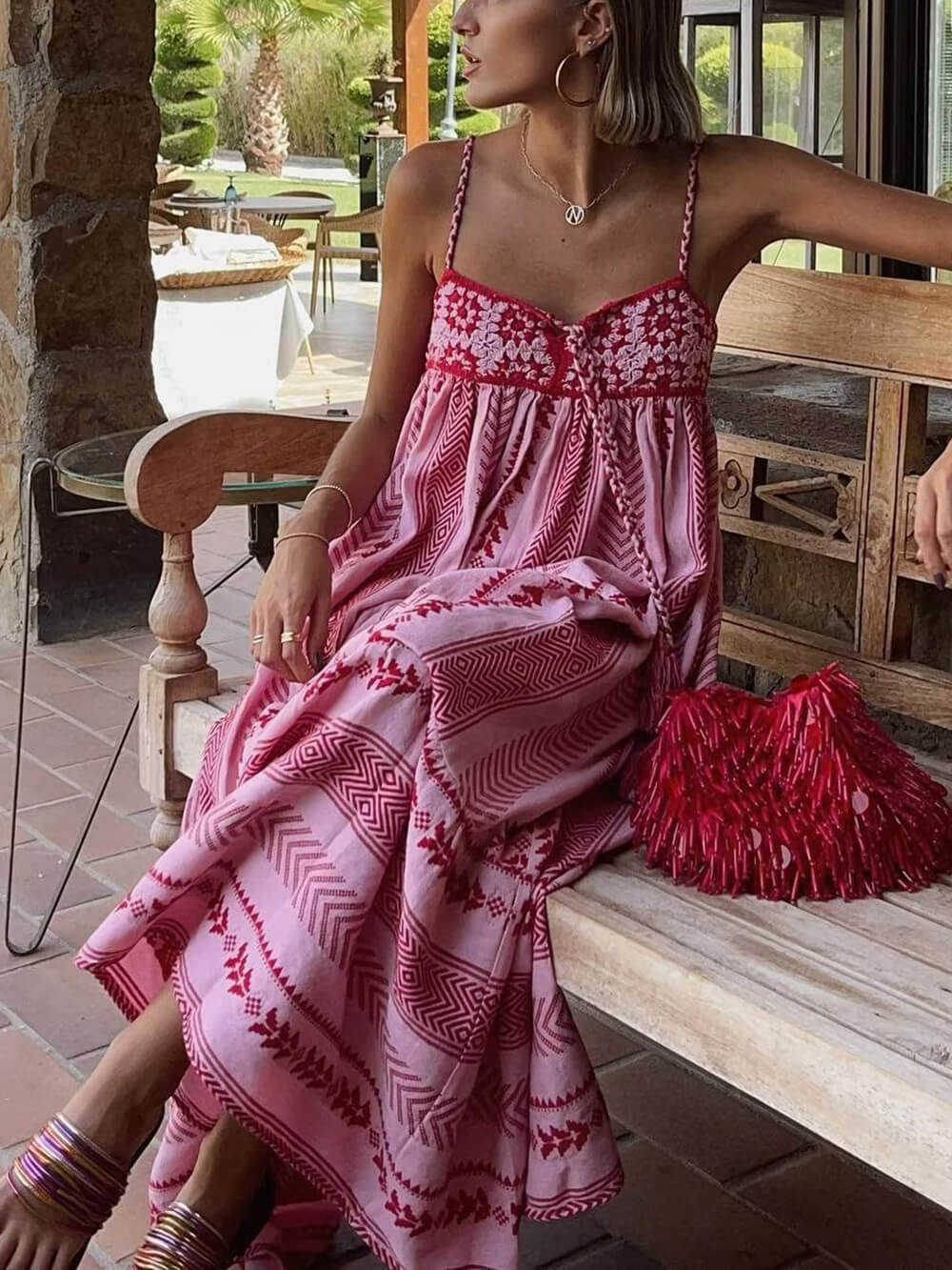 Crochet Patchwork Ethnic Style Knitted Slip Maxi Dress Olympus London