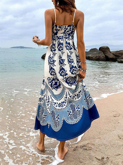 Ethnic Floral Print Back Smocked Loose Midi Dress Olympus London