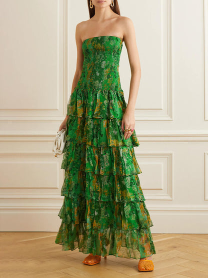 Strapless Layered Bandeau Floral Print Maxi Dress Olympus London