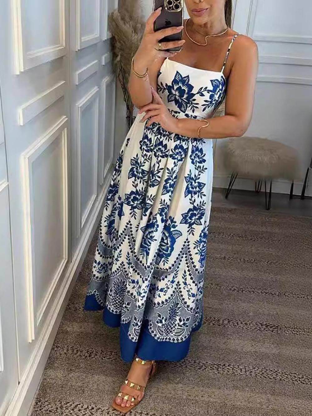 Ethnic Floral Print Back Smocked Loose Midi Dress Olympus London