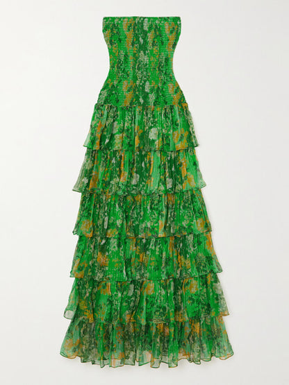 Strapless Layered Bandeau Floral Print Maxi Dress Olympus London