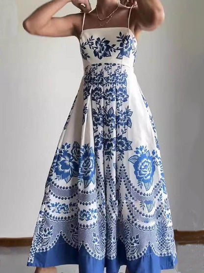 Ethnic Floral Print Back Smocked Loose Midi Dress Olympus London