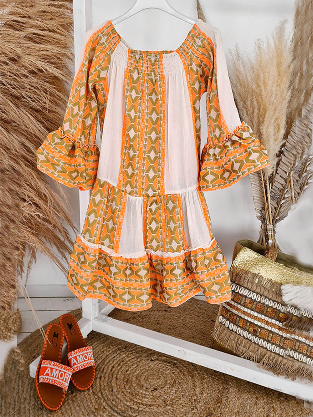 Ethnic Print Linen Blend Off Shoulder Loose Mini Dress Olympus London