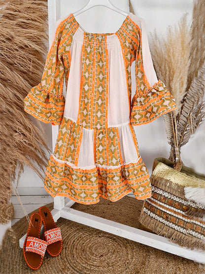 Ethnic Print Linen Blend Off Shoulder Loose Mini Dress Olympus London
