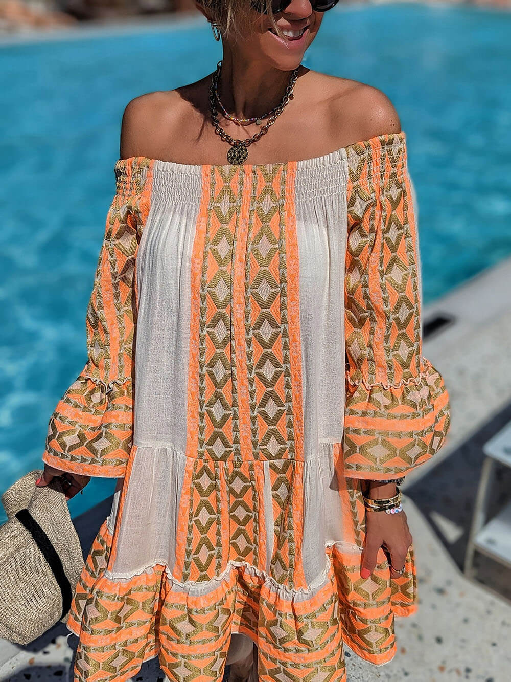 Ethnic Print Linen Blend Off Shoulder Loose Mini Dress Olympus London