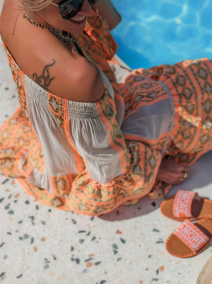 Ethnic Print Linen Blend Off Shoulder Loose Mini Dress Olympus London