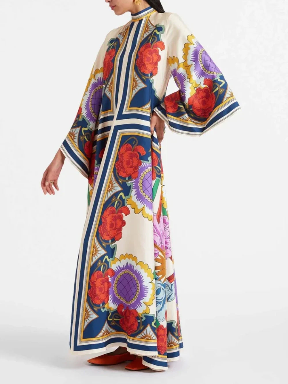 Exquisite Floral Print Draped Waterfall Sleeves Maxi Dress Olympus London
