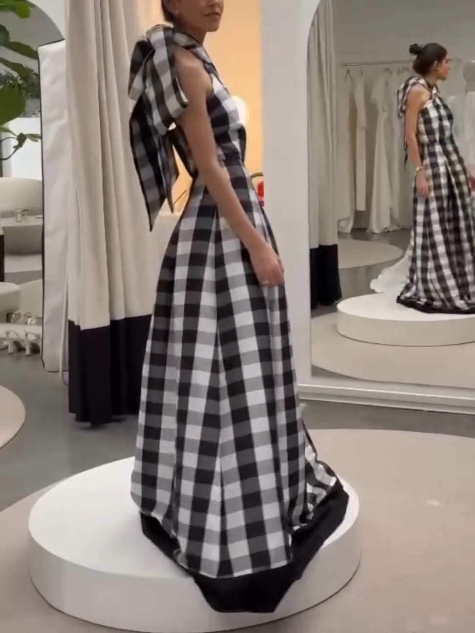 Classic Plaid Print Halter Neck Maxi Dress Olympus London