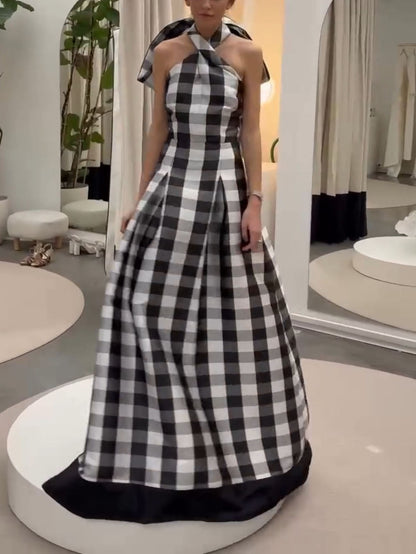 Classic Plaid Print Halter Neck Maxi Dress Olympus London