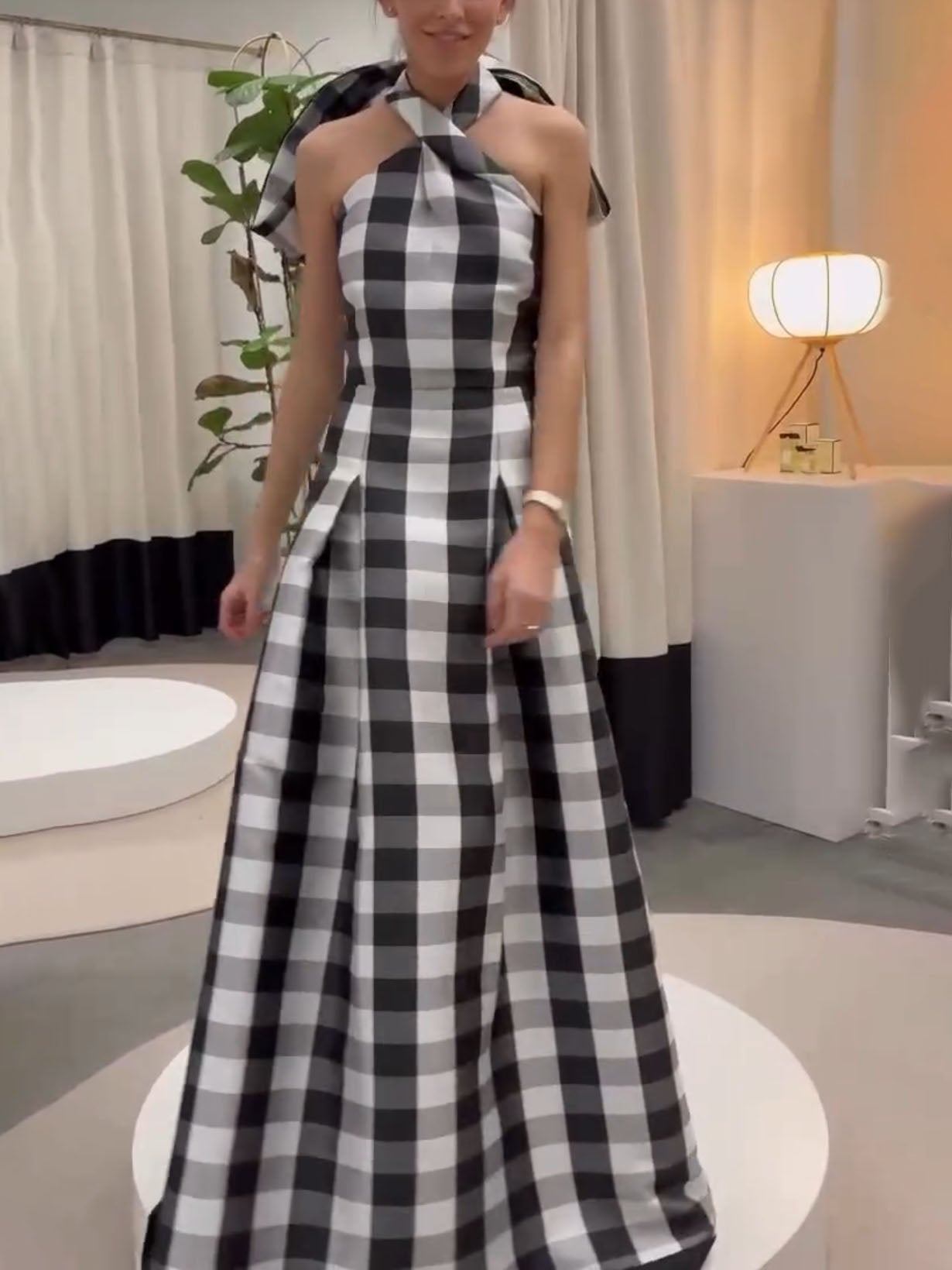 Classic Plaid Print Halter Neck Maxi Dress Olympus London