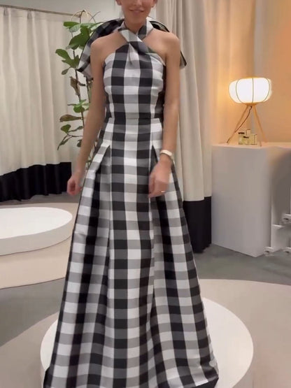 Classic Plaid Print Halter Neck Maxi Dress Olympus London