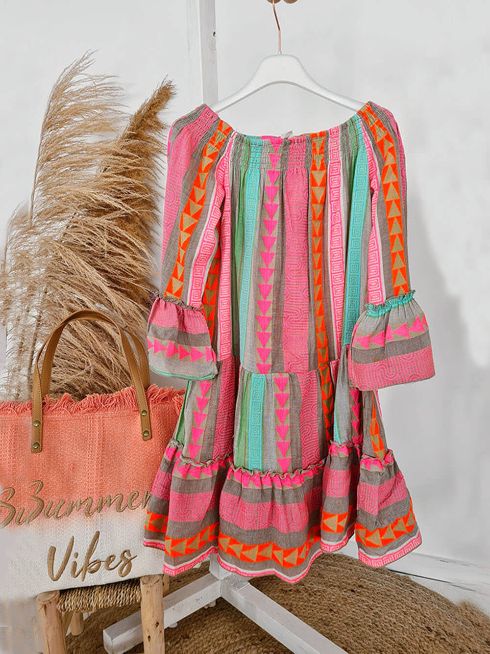 Ethnic Print Linen Blend Off Shoulder Loose Mini Dress Olympus London