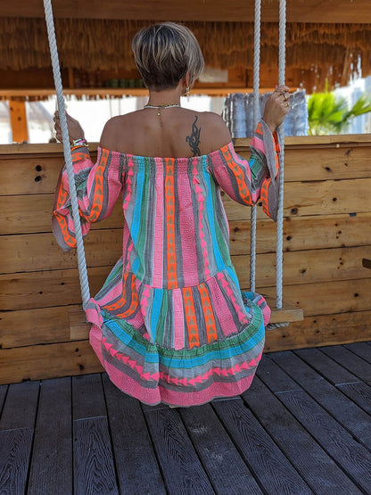 Ethnic Print Linen Blend Off Shoulder Loose Mini Dress Olympus London