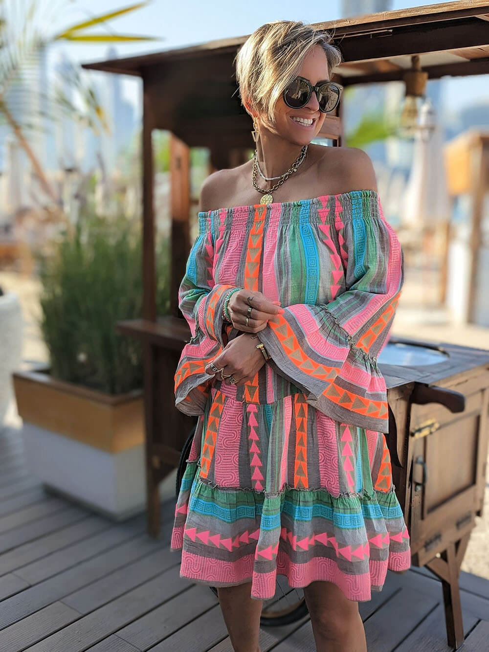 Ethnic Print Linen Blend Off Shoulder Loose Mini Dress Olympus London