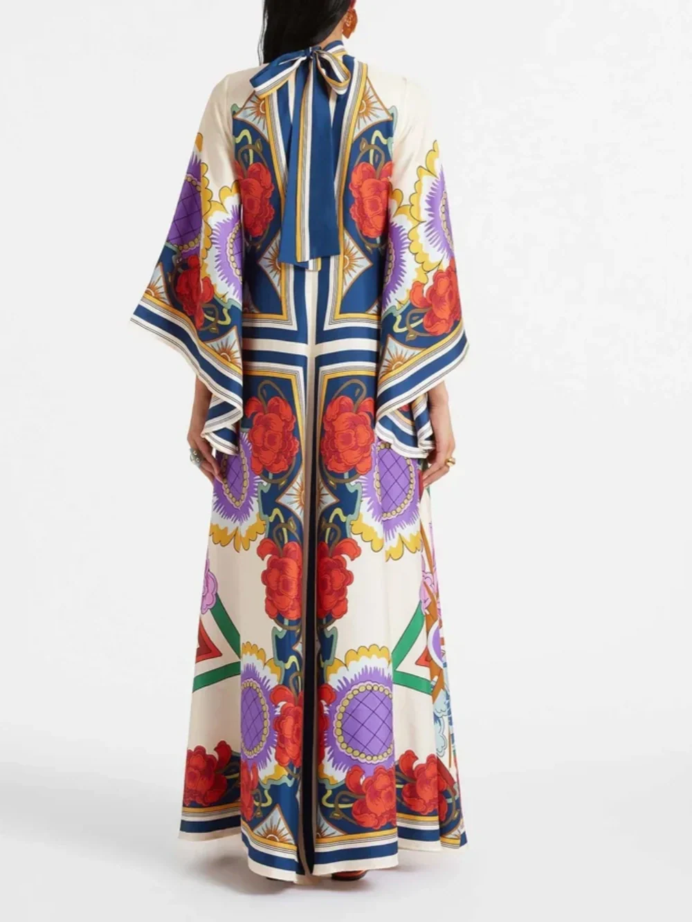 Exquisite Floral Print Draped Waterfall Sleeves Maxi Dress Olympus London