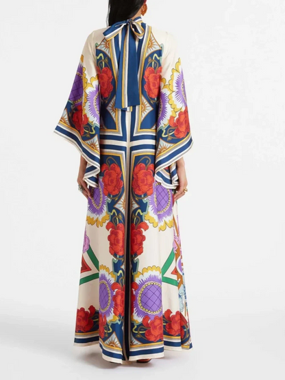 Exquisite Floral Print Draped Waterfall Sleeves Maxi Dress Olympus London