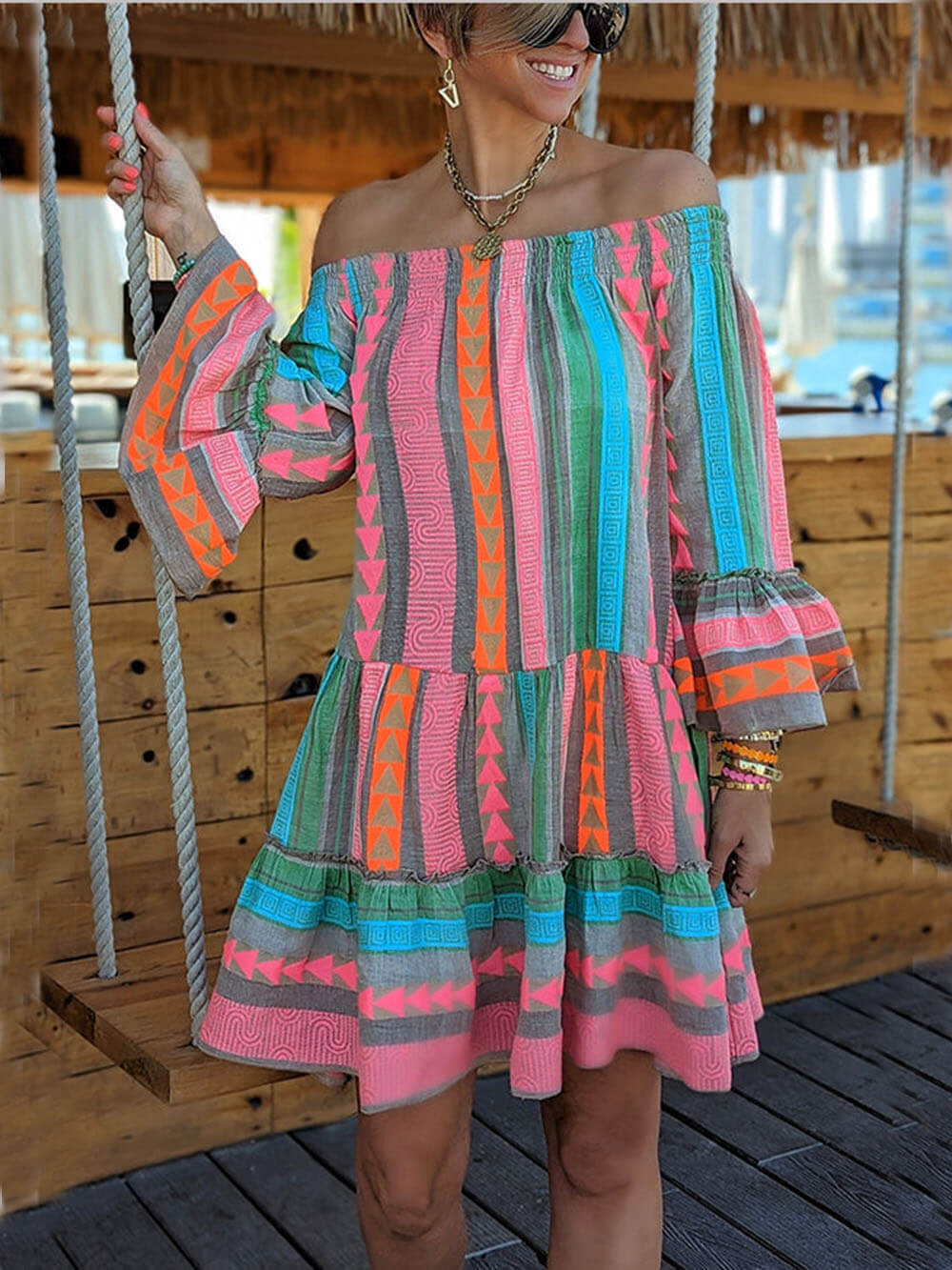 Ethnic Print Linen Blend Off Shoulder Loose Mini Dress Olympus London