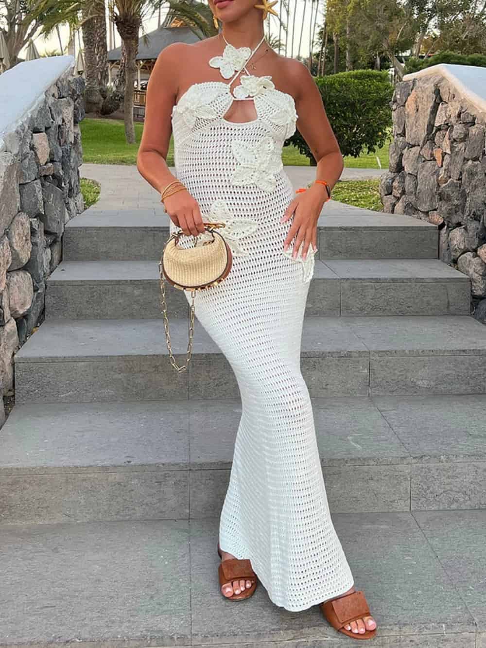 3D Flower Decor Halter Neck Bodycon Crochet Maxi Dresses Olympus London