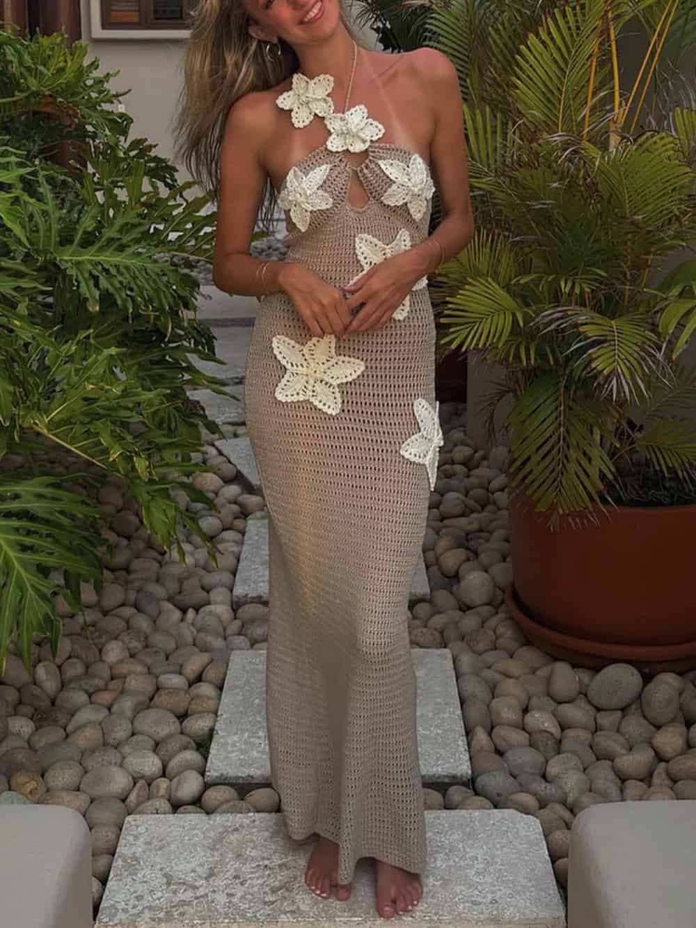 3D Flower Decor Halter Neck Bodycon Crochet Maxi Dresses Olympus London