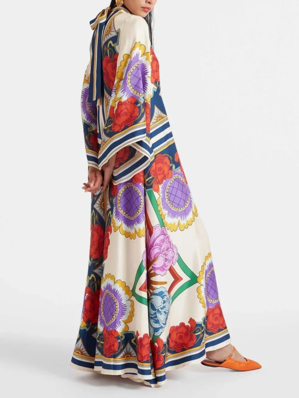 Exquisite Floral Print Draped Waterfall Sleeves Maxi Dress Olympus London