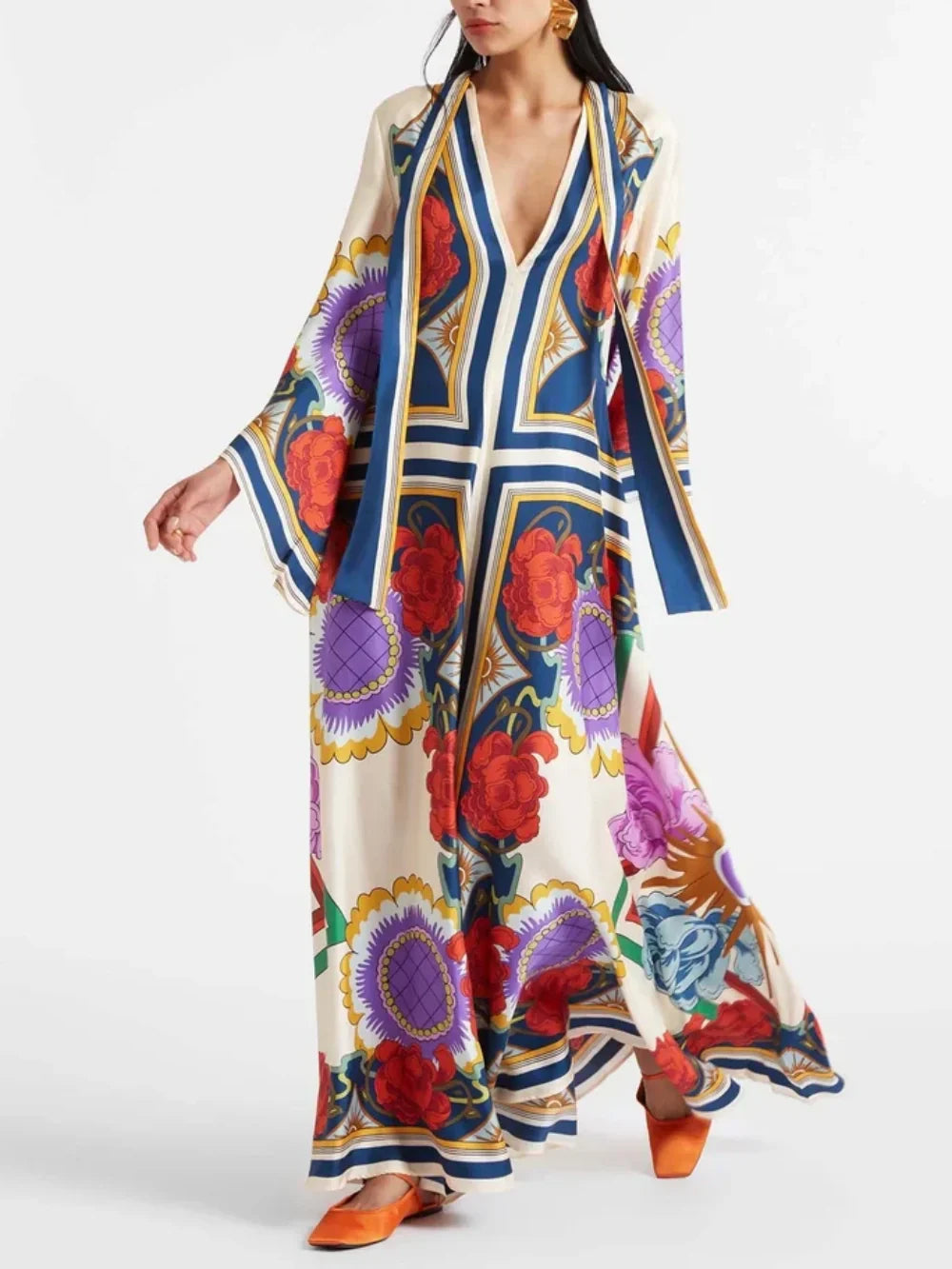 Exquisite Floral Print Draped Waterfall Sleeves Maxi Dress Olympus London