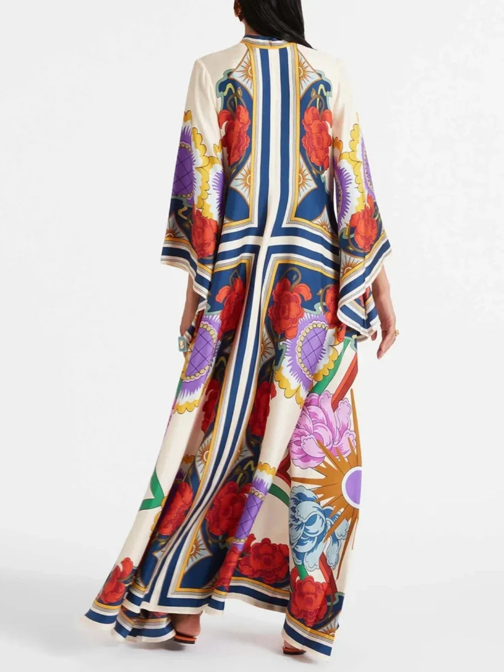 Exquisite Floral Print Draped Waterfall Sleeves Maxi Dress Olympus London