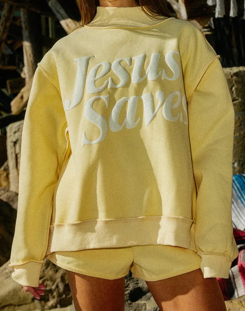 "Jesus Saves" Oversized Puff Print Mock-Neck Sweatshirt - Heavyweight Fleece