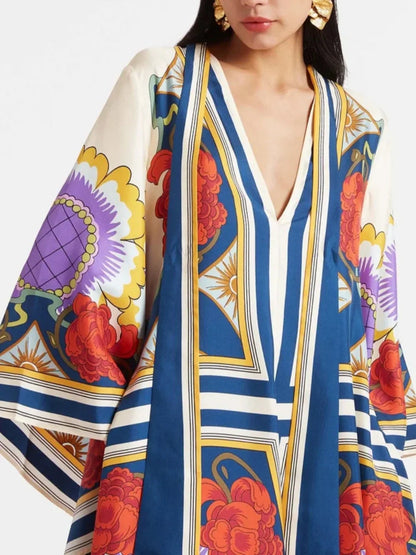 Exquisite Floral Print Draped Waterfall Sleeves Maxi Dress Olympus London
