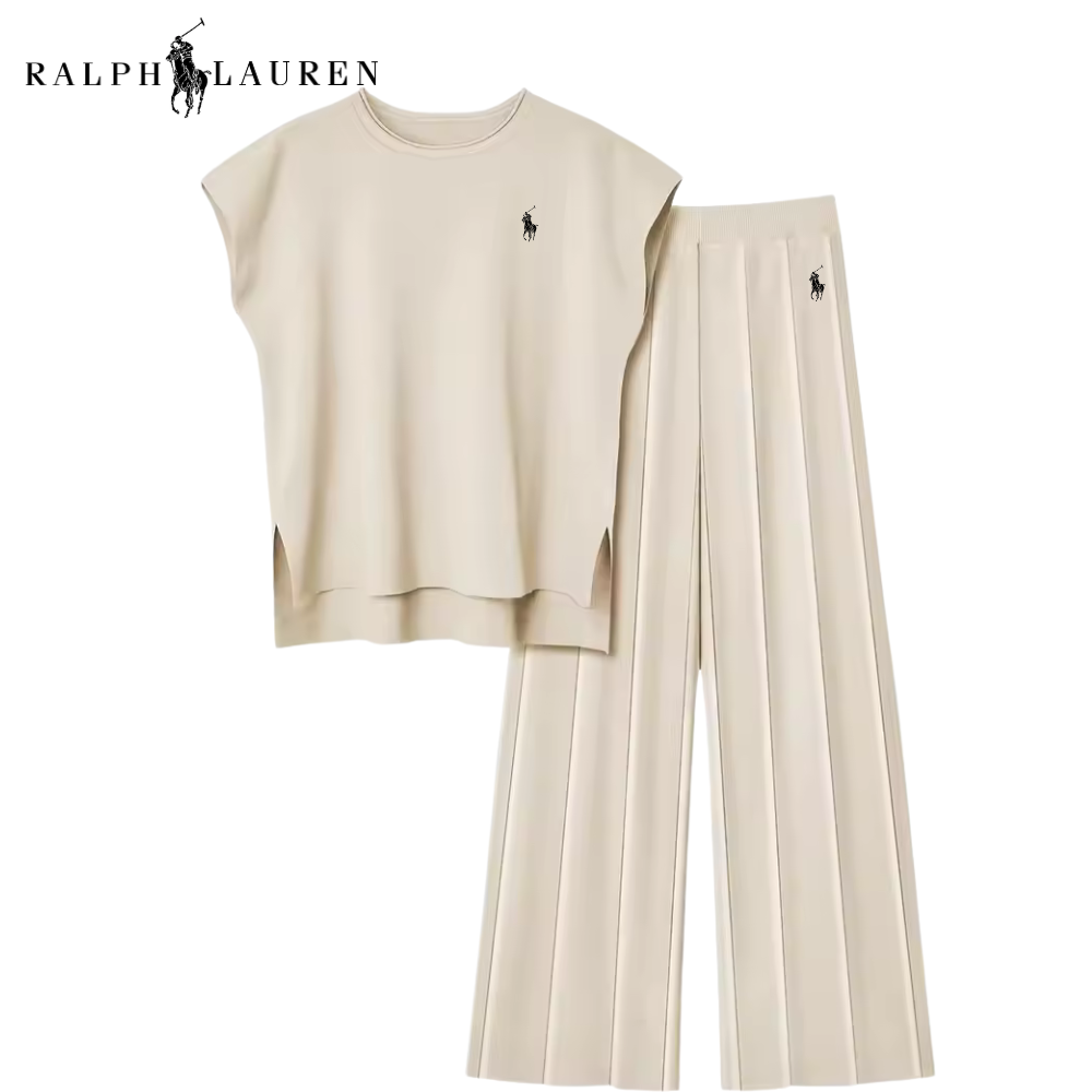 Alvira women's two-piece set, relaxed top and wide-leg trousers – Beige