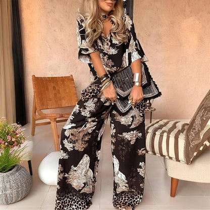 Amber™ | Printed V-Neck Top & Long Pants Set 0