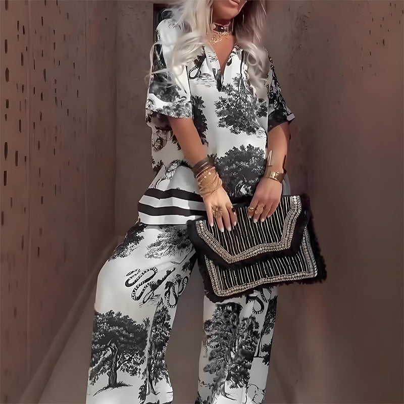Amber™ | Printed V-Neck Top & Long Pants Set 1