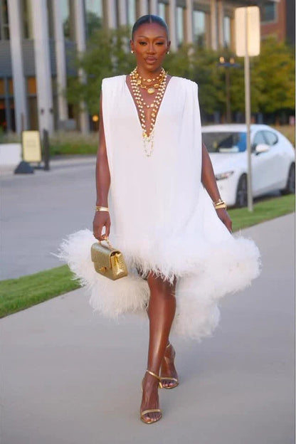 Bessie | Elegant Sleeveless Feather Patchwork Midi Dress