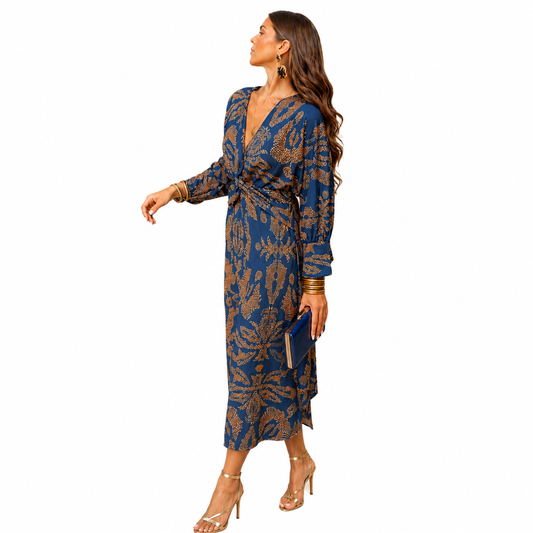 Women’s Boho Floral Print Long Sleeve Midi Dress, Deep V Neck Twist Front, Casual Wedding Guest Dress