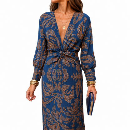 Women’s Boho Floral Print Long Sleeve Midi Dress, Deep V Neck Twist Front, Casual Wedding Guest Dress