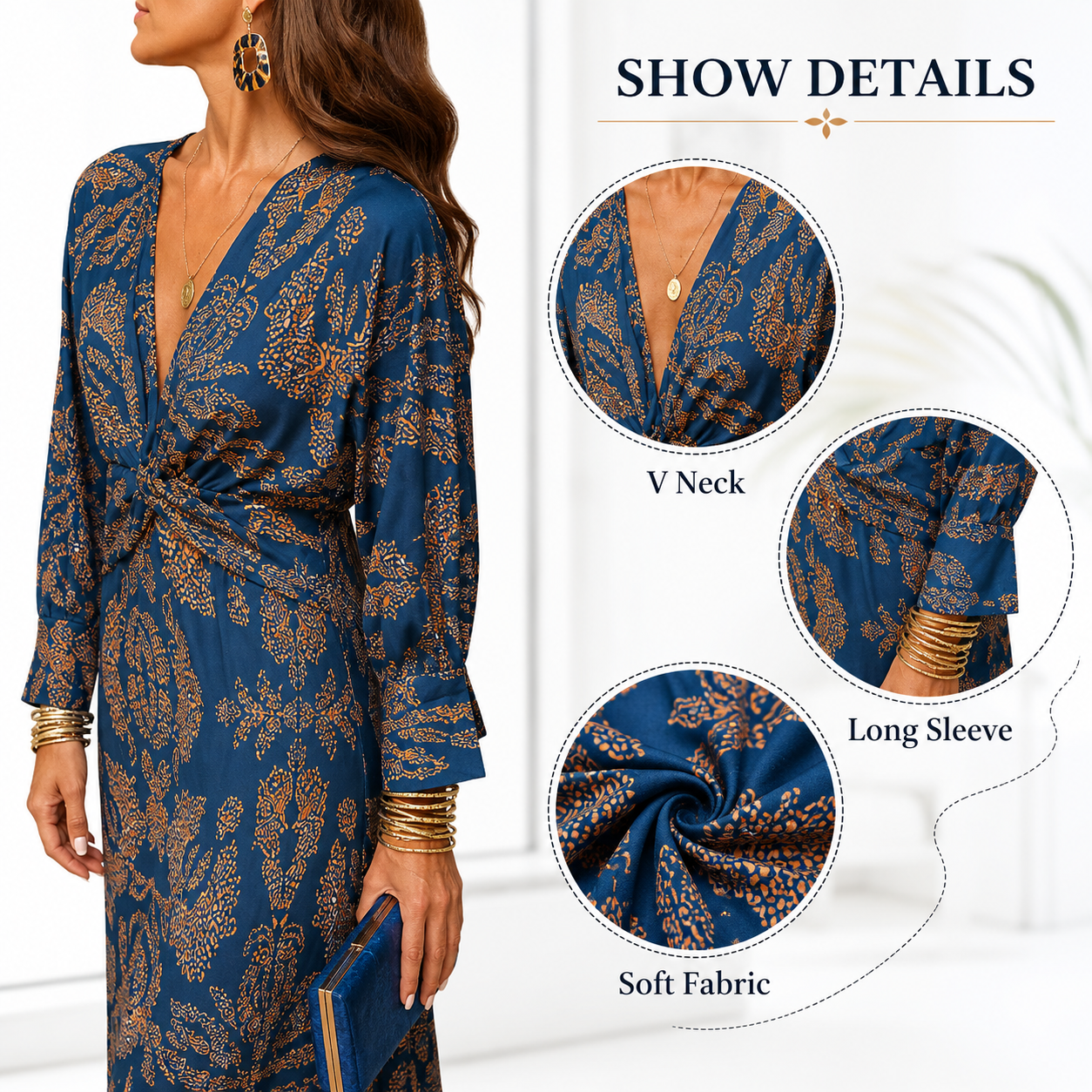 Women’s Boho Floral Print Long Sleeve Midi Dress, Deep V Neck Twist Front, Casual Wedding Guest Dress