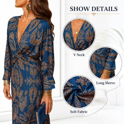 Women’s Boho Floral Print Long Sleeve Midi Dress, Deep V Neck Twist Front, Casual Wedding Guest Dress