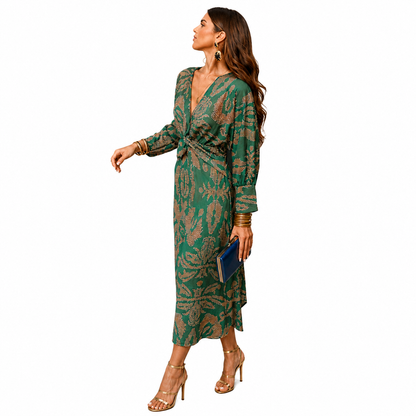 Women’s Boho Floral Print Long Sleeve Midi Dress, Deep V Neck Twist Front, Casual Wedding Guest Dress