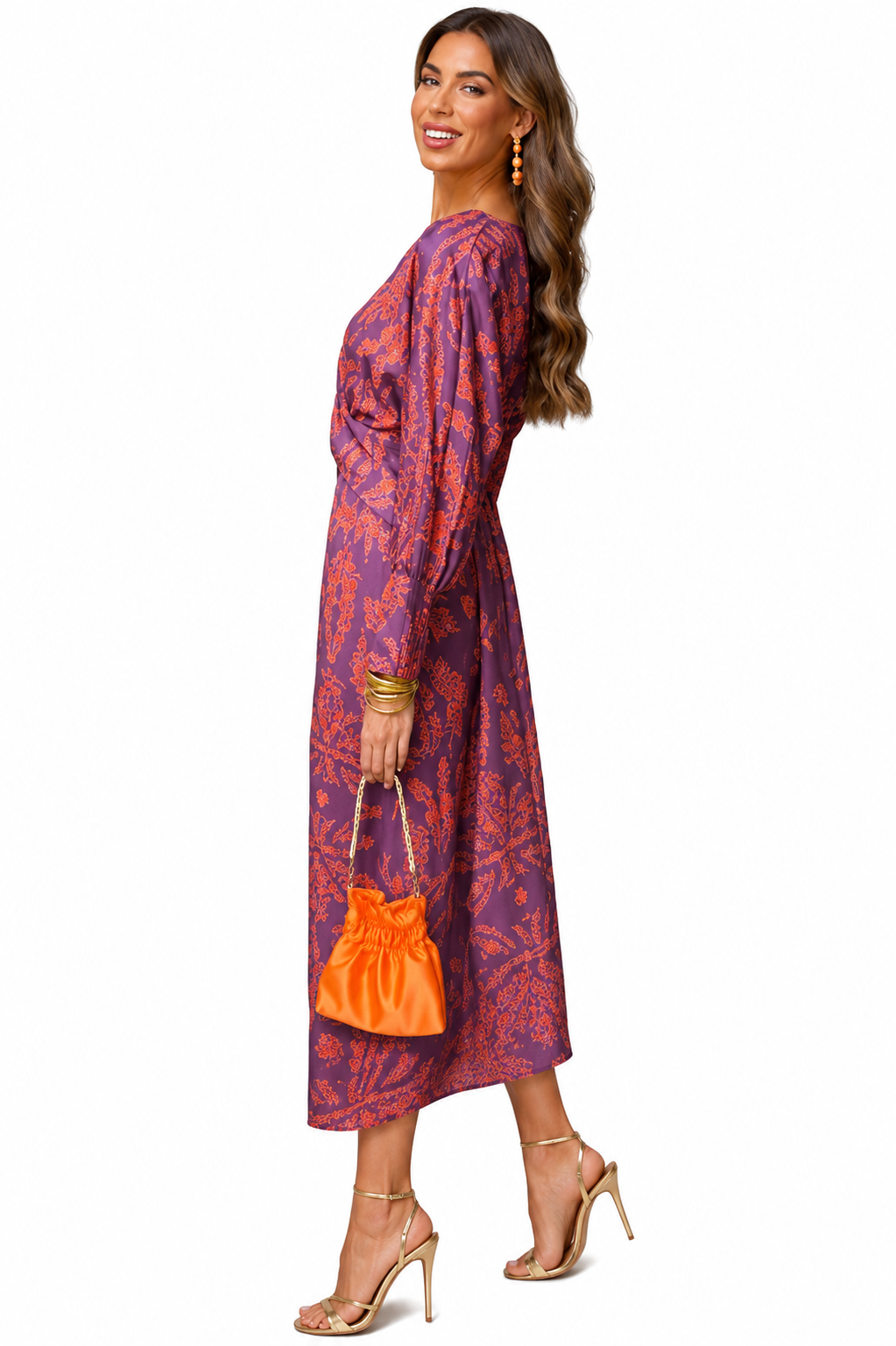 Women’s Boho Floral Print Long Sleeve Midi Dress, Deep V Neck Twist Front, Casual Wedding Guest Dress