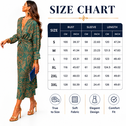 Women’s Boho Floral Print Long Sleeve Midi Dress, Deep V Neck Twist Front, Casual Wedding Guest Dress
